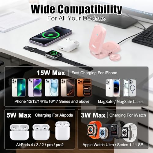 3-in-1 15W Magnetic Charger for iPhone, Apple Watch & AirPods, Pink