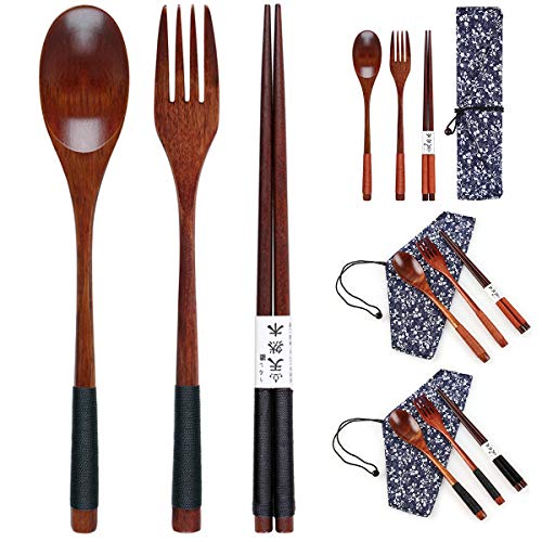 Wooden Chopsticks Spoon Fork Set Tableware Travel Utensils with Pouch