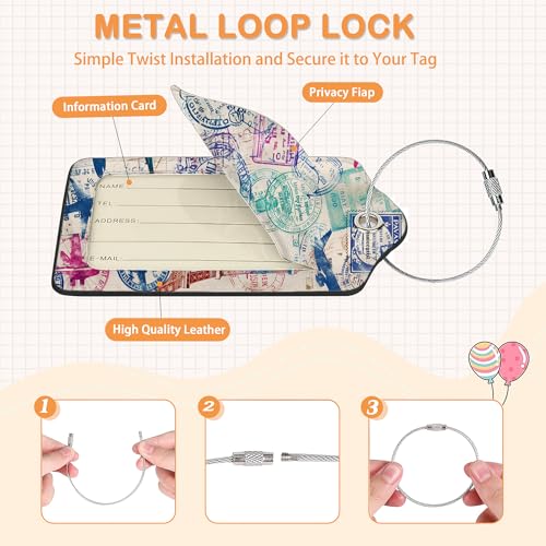 Retro Wanderlust Stamps 3 PCS PU Leather Luggage Tags for Suitcase (3 Count)