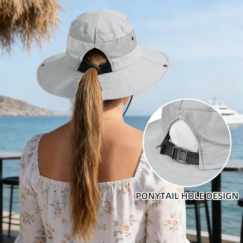 Ponytail Sun Bucket Hats for Women UV Protection Foldable Wide Brim