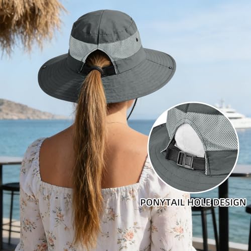 Ponytail Sun Bucket Hats for Women UV Protection Foldable Wide Brim
