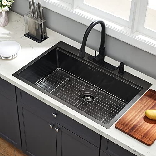 Kitchen Sink 33 x 22 Drop in Kitchen Sink Gunmetal Black 16 Gauge Stainless Steel Kitchen Sinks Single Bowl Workstation Sink with Cutting Board