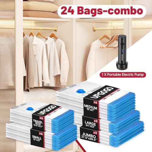 Combo 24 Pack Vacuum Storage Bags with Portable Electric Pump (24 Count)
