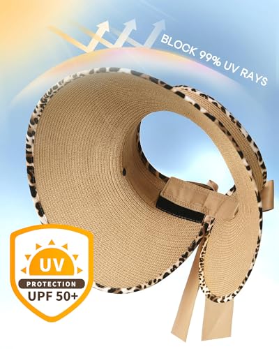 Women's Straw Sun Visor Hat UPF Wide Shade Ponytail Summer Hat