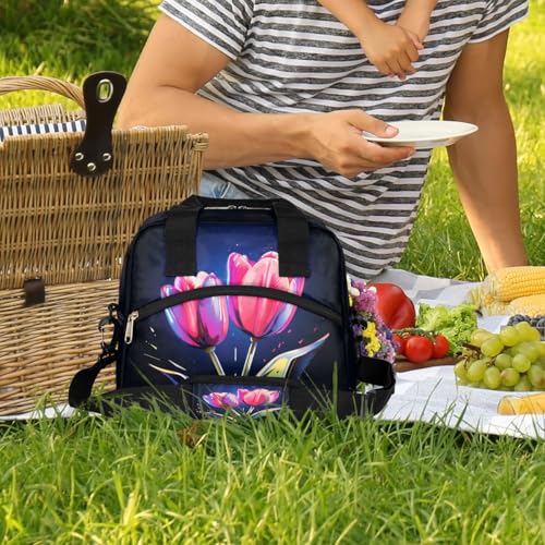 Tulip Flower Floral Insulated Lunch Bag for Women Girl Reusable Lunch Tote Box With Shoulder Strap Lightweight Thermal Cooler Meal Prep Bag for Work School Office Picnic (print 19)