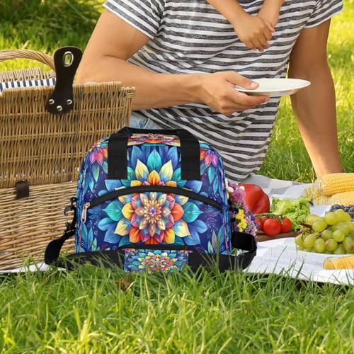 Blue Flower Mandala Insulated Lunch Bag for Women Girl Reusable Lunch Tote Box With Shoulder Strap Lightweight Thermal Cooler Meal Prep Bag for Work School Office Picnic (print 12)