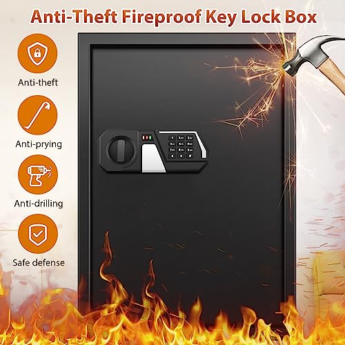144 Keys Heavy Duty Fireproof Key Lock Box Wall Mount with Code&Hook Plates