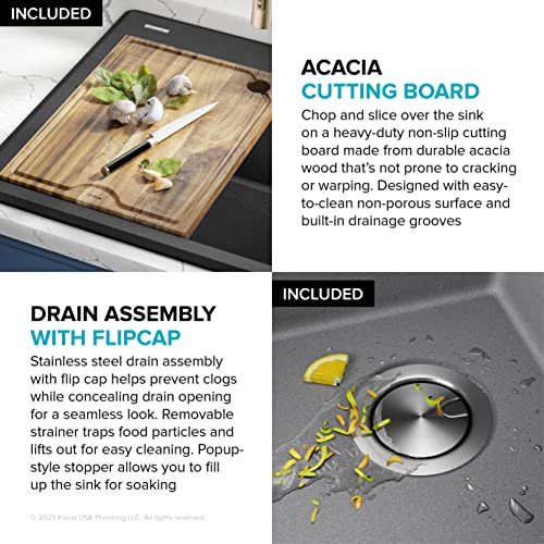 Bellucci 25 inch Granite Workstation Drop In Top Mount Single Bowl Kitchen Sink in Metallic Grey with Accessories
