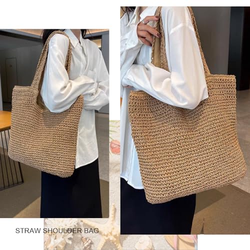 Straw Beach Bags for Women Straw Woven Beach Tote Bag Casual Boho Large Shoulder Handbags Purse for Vacation Holiday Picnic