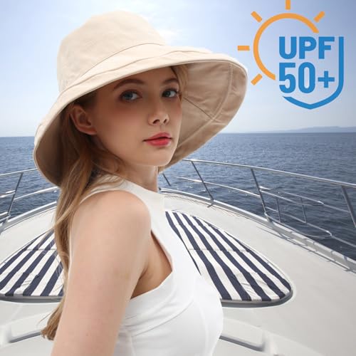 Womens Sun Hats Wide Brim Reversible Bucket Cotton Hat Packable Summer Travel Cap with Hat Clip