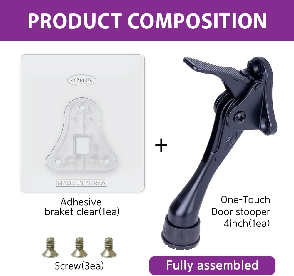 Door Stopper with Adhesive Bracket Stickers, No Drilling or Tools Needed, Available for All Doors, Door Holder, Heavy Door Stop, KickDown Door Stoppers, Bottom of Door by HASHI (Black/Bracket)