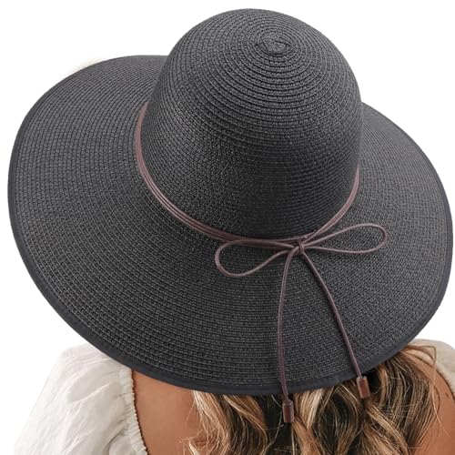 Womens Sun Straw Hat Bowknot Hat Summer Wide Brim Bucket Hats Foldable Beach Sun Hats Roll up UPF 50+