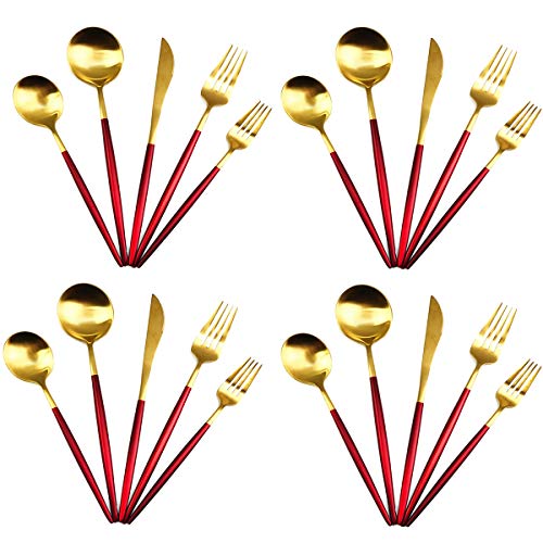 20-Piece 18/10 Stainless Steel Flatware Silverware, Luxury Dinnerware Set Travel Cutlery Tableware Include Knife Fork Spoon Service for 4, Dishwasher Safe (Red Handle Matte Gold) (4 Count)