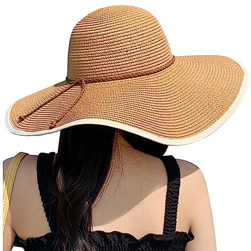 Women Twine Wide Brim Straw Hats Big Floppy Summer Hat Foldable Roll up Cap Beach Sun Hat UPF 50+