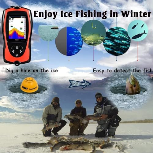 Portable Fish Finder Transducer Sonar Sensor 147 Feet Water Depth Finder LCD Screen Echo Sounder Fishfinder with Fish Attractive Lamp for Ice Fishing Sea Fishing