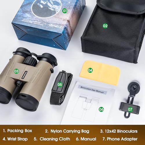 12x42 HD Binoculars for Adults High Powered Binoculars with Upgraded Phone Adapter Binocular with Low Light Night Vision for Bird Watching Hunting Outdoor Sports Concerts Black