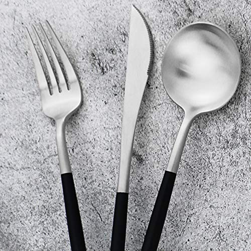 20-Piece 18/10 Stainless Steel Flatware Silverware, Luxury Dinnerware Set Travel Cutlery Tableware Include Knife Fork Spoon Service for 4, Dishwasher Safe (Black Handle Matte Silver) (4 Count)
