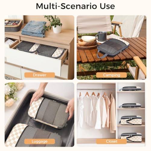 4 Set/6 Set/8 Set Compression Packing Cubes Travel Accessories Expandable Packing Organizers (Half Mesh, 6-Khaki Checkered) (6 Count)