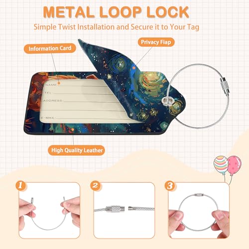 Starry Night Orange Cat 3 Pack PU Leahter Luggage Tag with Stainless Steel Loop (3 Count)