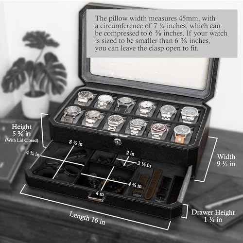12 Slot Leather Watch Box with Valet Drawer