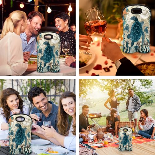 Vintage Sea Turtle 2 Bottle Wine Carrier Tote Bag Insulated Wine Bottles Neoprene Bag with Secure Carry Handle Portable Wine Cooler Bag for Travel Picnic Beach (2 Count)