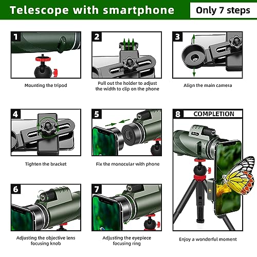 40x60 High Powered Monocular Telescope for Adults with Smartphone & Tripod