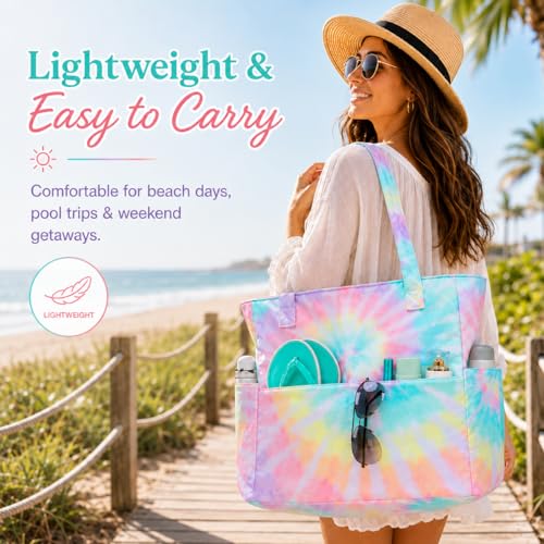 Waterproof Beach Tote Bag for Women Girls with Zipper Foldable Sandproof Pool Swim Bag Travel Carry On Gym