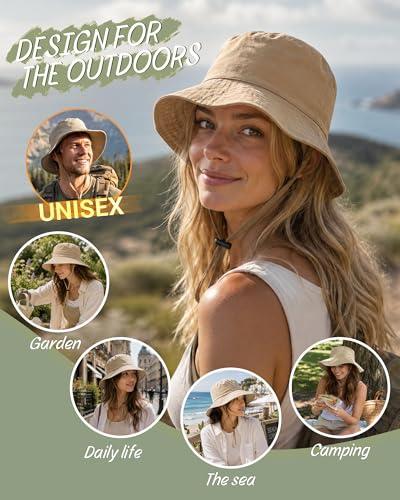 Water Resistant UPF 50+ Sun Bucket Hat Packable Brimmed for Women Men Khaki