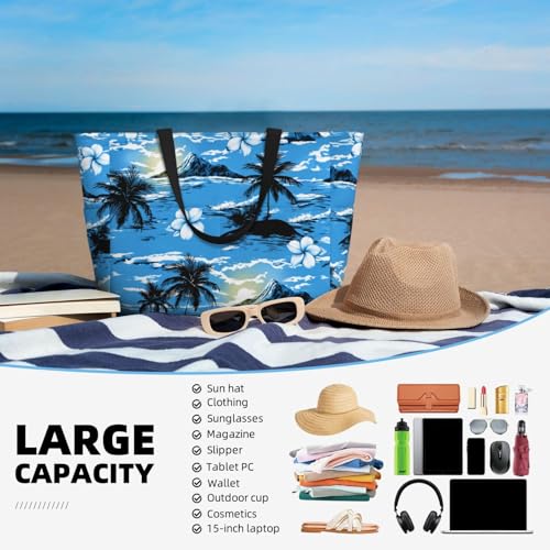 Beach Bag for Women Plam Tree Print Beach Tote Bag Waterproof Sandproof Large Bags with Zipper Big Capacity for Travel