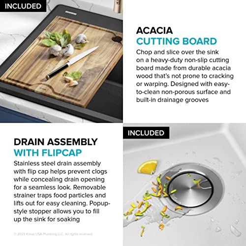 Bellucci 25 inch Granite Workstation Drop In Top Mount Single Bowl Kitchen Sink in White with Accessories