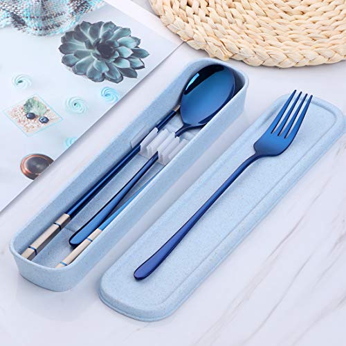 3 PCS Stainless Steel Travel Camping Flatware Set Fork Spoon Chopsticks with Portable Case