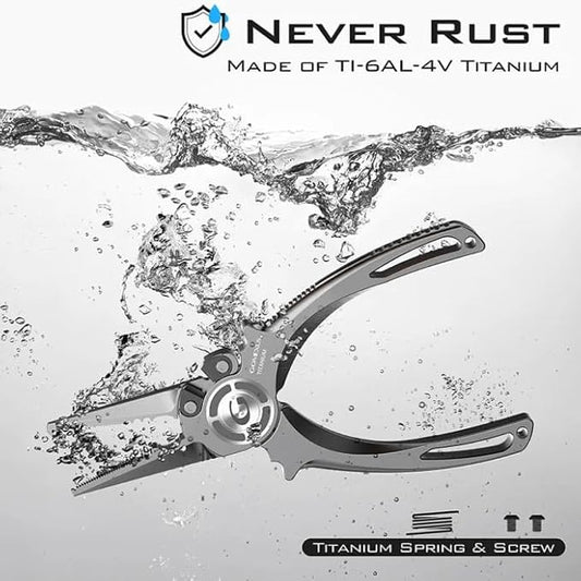 GOMEXUS Titanium Fishing Pliers 7'' with Side Cutters, Lanyard & Leather Sheath, Never Rust Hook Remover, Saltwater Resistant, Inshore & Nearshore Fishing (Split Ring Nose, 7 INCHES)