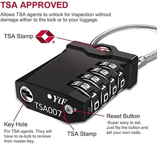 ZHEGE Travel Locks, TSA Approved Locks for Luggage, 4 Digit Cable Lock with Inspection Indicator for Luggage Suitcase, Backpack, Baggage, Easy to Read(4 Pack, Black)