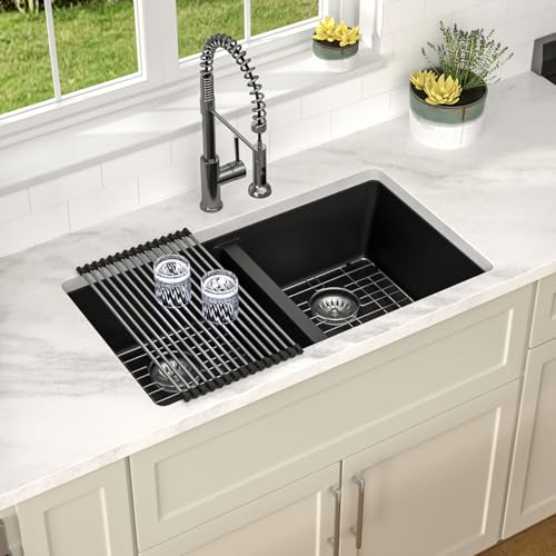 33 inch Quartz Matte Black Granite Composite Double Bowl Undermount Kitchen Sink Basin Deep 50