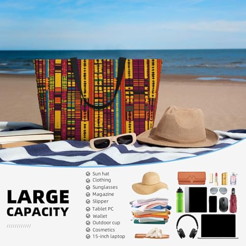 Beach Bag for Women Kente Print Beach Tote Bag Waterproof Sandproof Large Bags with Zipper Big Capacity for Travel