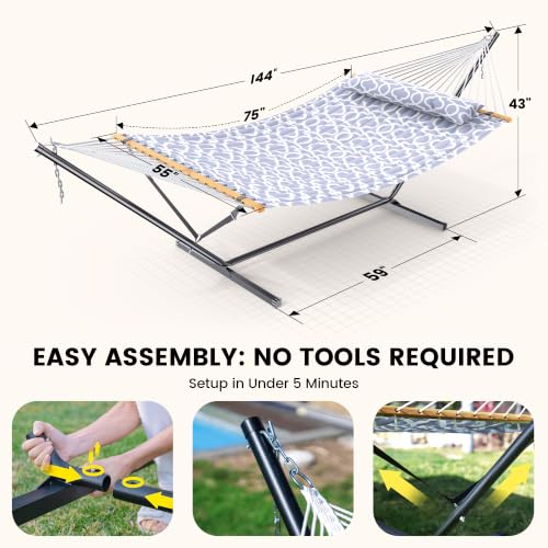 Double Hammock with Stand 500lbs Heavy Duty Outdoor Two Person White