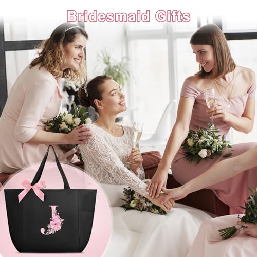 Tote Bag, A-Z Initial Monogrammed Waterproof Tote Bag, Bridesmaid Gifts for Women, Black and Pink (J, Black)