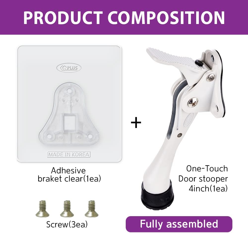 Door Stopper with Adhesive Bracket Stickers, No Drilling or Tools Needed, Available for All Doors, Door Holder, Heavy Door Stop, KickDown Door Stoppers, Bottom of Door by HASHI (White/Bracket)