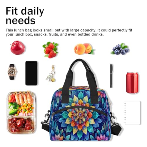 Blue Flower Mandala Insulated Lunch Bag for Women Girl Reusable Lunch Tote Box With Shoulder Strap Lightweight Thermal Cooler Meal Prep Bag for Work School Office Picnic (print 12)