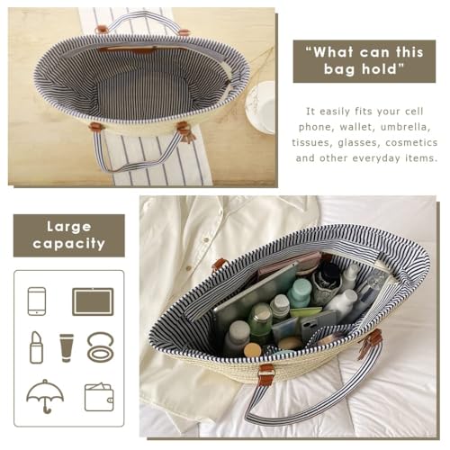Large Beach Tote Bag with Zipper Straw Handbags for Women Summer Woven Shoulder Bag for Holiday Shopping Travel