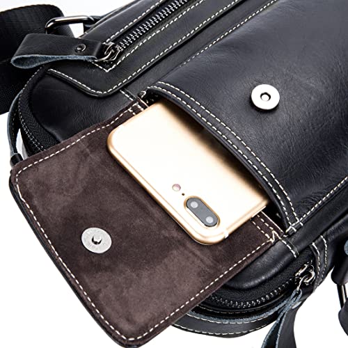 Men's Genuine Leather Shoulder Bag Small Men Messenger Pack Handbag Sling Crossbody Bag Man Purse for Business Work Everyday Outdoor Travel Deep Brown