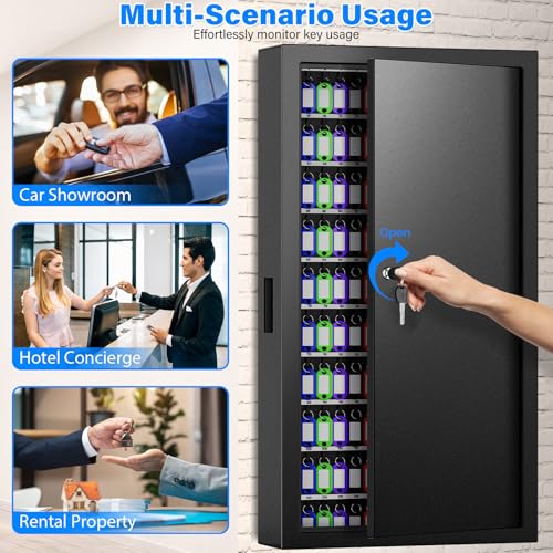 250 Keys Key Lock Box Wall Mount with Additional 24 Side Hooks and Key Tags