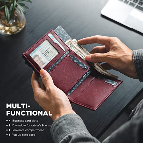 Pop up Card Wallet Minimalist Cash Wallets RFID Blocking Leather Smart Credit Card Holder with ID window for Men