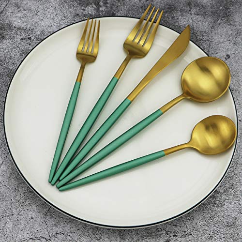 20-Piece 18/10 Stainless Steel Flatware Silverware, Luxury Dinnerware Set Travel Cutlery Tableware Include Knife Fork Spoon Service for 4, Dishwasher Safe (Green Handle Matte Gold) (4 Count)