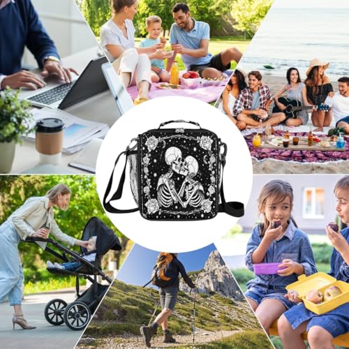 Skull Goth Rose Kids Lunch Box for Girls Boys Reusable Insulated Lunch Bag for Kids Toddler Thermal Cooler Spacious Lunchbox with Shoulder Strap Lunchbag for School Work Picnic (A07:Skull)