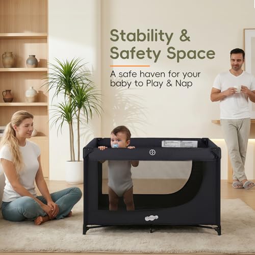 Pack and Play Portable Baby Crib Foldable Playard Leightweight Travel Playpen for Tooddlers and Infant Black