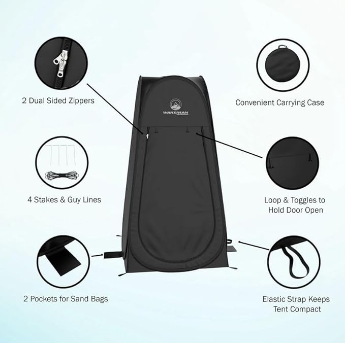 Wakeman Pop Up Changing Tent, 3.3 x 3.3 x 6.2ft, Camping Shower Tent for Portable Toilet Stall or Dressing Room with Carry Bag for Camping, Beach, or Tailgate, Polyester