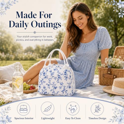 Lunch Bag for Women Cute Corduroy Lunch Tote Bags with Shoulder Strap Reusable Insulated Lunch Box Large Capacity Reusable Insulated Cooler for Work Picnic or Travel