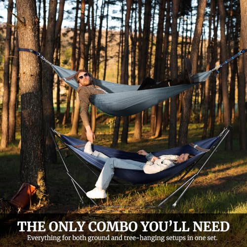 Combo x2 Hammocks with Stand for Outside & Tree Straps