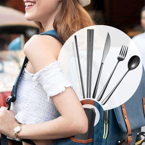 6 Pieces 18 8 Stainless Steel Flatware Set Portable Reusable Cutlery Set Travel Utensils Set Including Chopsticks Knife Fork Spoon Straws Cleaning Brush Dishwasher Safe (6 Count)